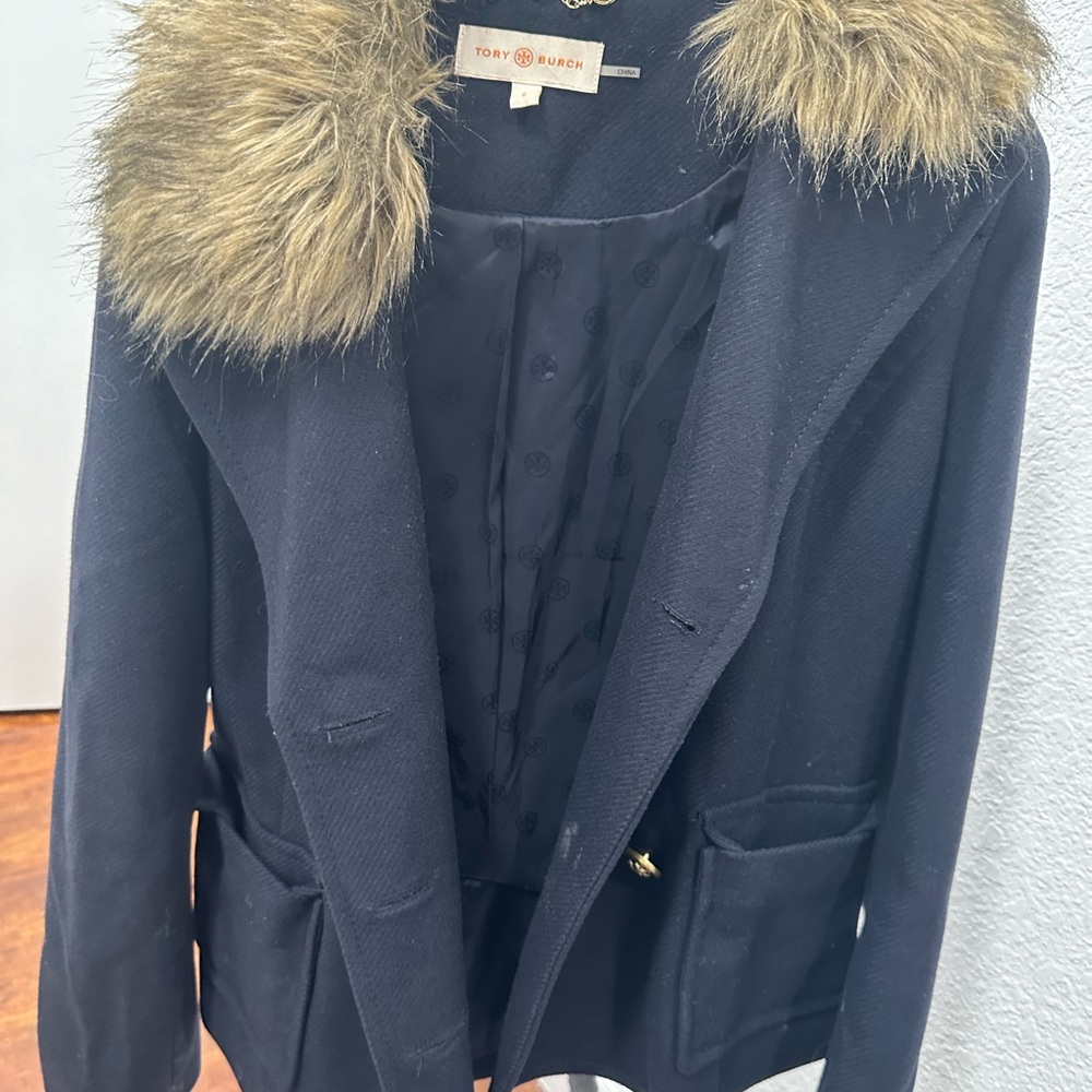 Tory Burch Peacoat in Navy with removable fur. (MEDIUM)